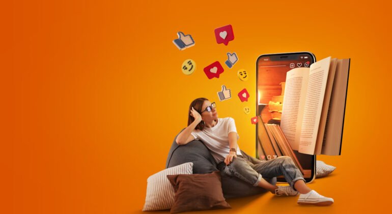 Satisfied woman in jeans and T-shirt relaxed sitting in bag chair against background of shelf with folders. Satisfied woman in jeans and T-shirt relaxed sitting in bag chair against background of shelf with folders