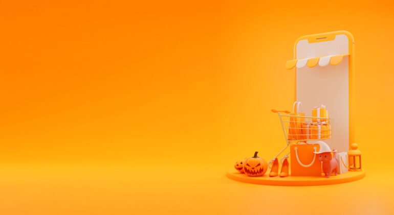 halloween-background-open-gift-box-orange-background-3d-illustration halloween-background-open-gift-box-orange-background-3d-illustration