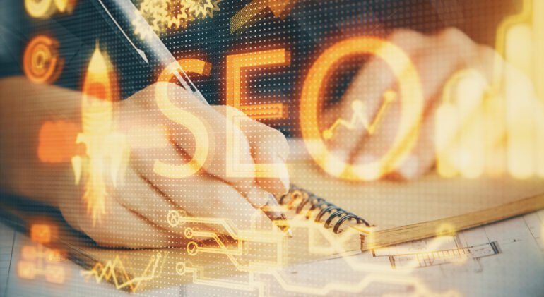 Multi exposure of woman's hands making notes with SEO icon. Concept of Search engine optimization Multi exposure of woman's hands making notes with SEO icon. Concept of Search engine optimization